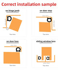 Installation guide for weather stripping on doors and windows, top views showing correct placement of self-adhesive backing.