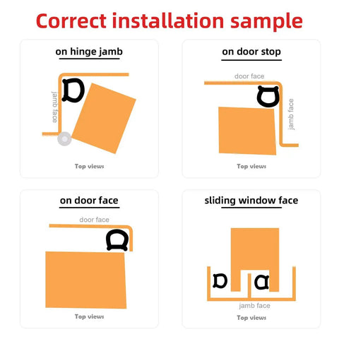 Installation guide for weather stripping on doors and windows, top views showing correct placement of self-adhesive backing.