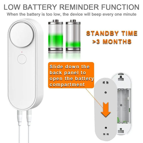 Smart Water Level Detector With Dual Probes And WiFi Connectivity, No Fuss High Low Alarm System, Detached 16.4Ft Detection Line, Left And Right Dual Alarms, Real Time Remote App Monitoring, Dual Alerts, Battery Powered For Easy Setup. Battery compartment
