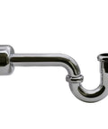 Polished Nickel High Box Flange P Trap for Sink Drain, 1-1/2 inch connection, side angle view.