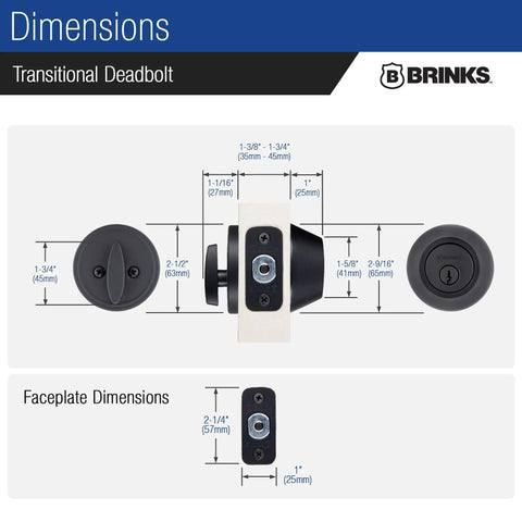 Dimensions for Matte Black Transitional Single Cylinder Deadbolt Lock For Home Security ANSI Grade 2 with 1 Inch Bolt