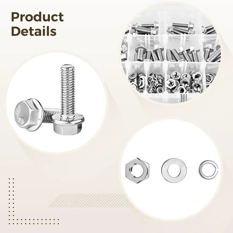 228-Piece Hex Bolts Set With M6 M8 Stainless Steel Hardware Kit including nuts, flat washers, and lock washers display