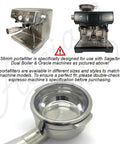 Pro Grade 58Mm Stainless Steel Bottomless Espresso Portafilter Hella Stable Tamping Grip shown with espresso machines.