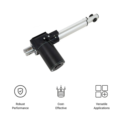 12V Linear Actuator With 12 Inch Stroke And 200 Lbs Of Thrust Low Current DC Motor for automotive projects, black and silver design.