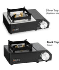 Portable Butane Gas Stove With Carrying Case For Outdoor Cooking Electric Ignition Precise Heat Control Great For Camping Hiking RV Trips Tailgating Patio Grilling And Emergency Use, silver and black top versions displayed.