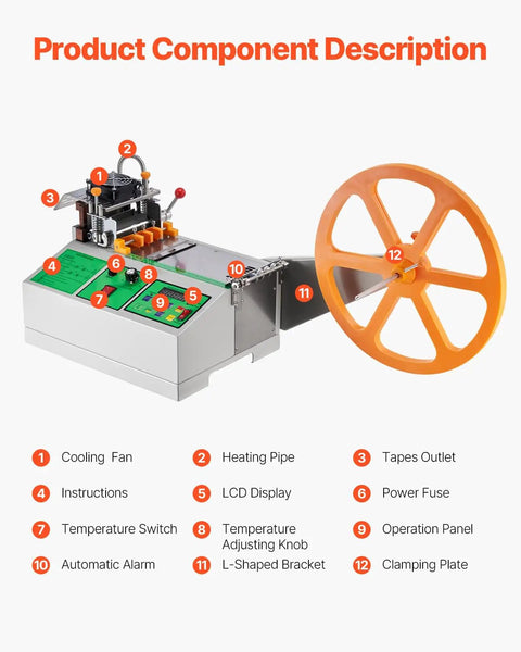 Pro Grade Automatic Webbing Cutting Machine With Adjustable Temperature And LCD Display components labeled