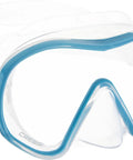 Clear turquoise no-frame F-Dual and Tao Dry Snorkel Mask Set with Dry Top, wide field single-lens mask, ideal for snorkeling.