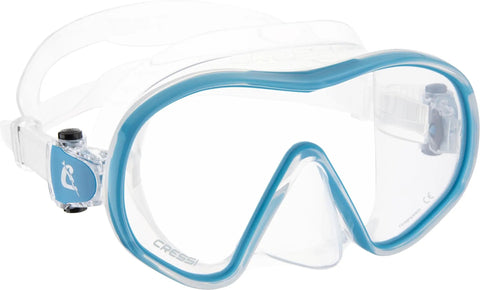 Clear turquoise no-frame F-Dual and Tao Dry Snorkel Mask Set with Dry Top, wide field single-lens mask, ideal for snorkeling.