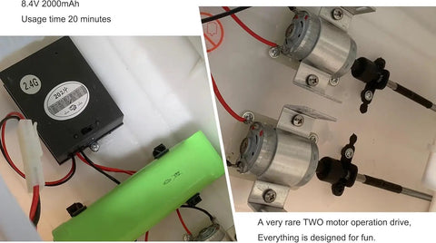 Internal components of Massive 27.5 Inch RC Cruise Ship Boat With Dual 380 High Speed Motors, showing battery and motor setup.
