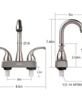 Solid Build RV Bathroom Faucet With Four Inch Centerset Setup And Six Inch High Arch Swivel Spout dimensions and smooth lever handles.