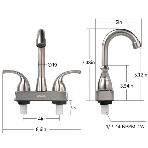 Solid Build RV Bathroom Faucet With Four Inch Centerset Setup And Six Inch High Arch Swivel Spout dimensions and smooth lever handles.