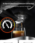 Straight Up Gotta Have Electric Coffee Machine With Milk Frother Brewing Bold Cappuccinos Featuring Transparent Tank Safety Valve Stainless Steel Build And Hella Smooth Controls close-up of espresso extraction with pressure gauge