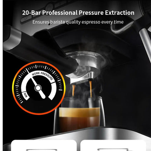Straight Up Gotta Have Electric Coffee Machine With Milk Frother Brewing Bold Cappuccinos Featuring Transparent Tank Safety Valve Stainless Steel Build And Hella Smooth Controls close-up of espresso extraction with pressure gauge