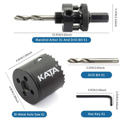 Components of 2 Inch Desk Grommet Kit with Bi-Metal Hole Saw, including mandrel arbor, drill bit, bi-metal saw, and hex key.