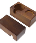 Straight Up Solid Beech Wood Coffee Tamper And Protafilter Stand With Handy Side Dock For 51 To 58 MM Brewers viewed from top with portafilter slots.