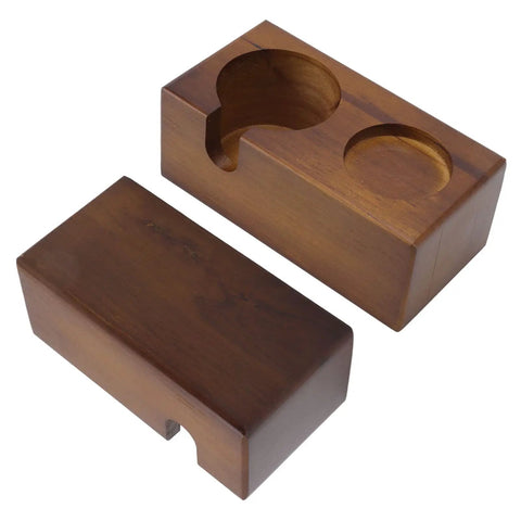 Straight Up Solid Beech Wood Coffee Tamper And Protafilter Stand With Handy Side Dock For 51 To 58 MM Brewers viewed from top with portafilter slots.