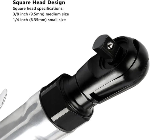 Compact 90 Degree Air Ratchet Wrench Featuring 1 4 And 3 8 Square Drives, reversible pneumatic tool's square head design.
