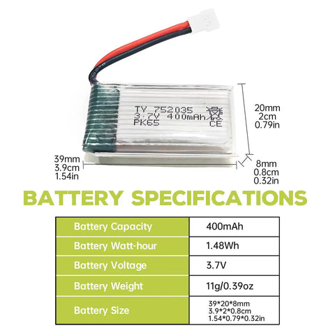 5 Pack 3 7V 400mAh Li Battery with specifications for SYMA Q11 H99W H31 H6C Quadcopter Spare Parts Drone Battery Kit