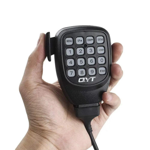 Hand holding microphone for KT-8900D Dual Band Quad Standby Ham Radio Rig 25W VHF 136 to 174 MHz UHF 400 to 450 MHz with keypad visible