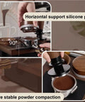 Rock Solid Premium Heavy Duty Solid Wood Espresso Knock Box With Huge Capacity And Multi Slot Layout showing espresso tamper with silicone pad.