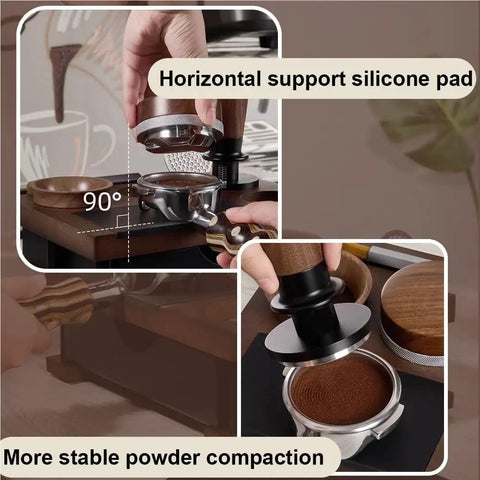Rock Solid Premium Heavy Duty Solid Wood Espresso Knock Box With Huge Capacity And Multi Slot Layout showing espresso tamper with silicone pad.