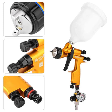 Heavy-Duty 1.3mm Gravity Paint Sprayer With High Atomization Pneumatic Airbrush showing adjustable pressure and gravity feed cup.