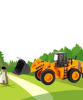 Large Wheeled Loader Heavy Duty Construction Metal Bulldozer Toy for Kids in outdoor scene with windmill and trees.