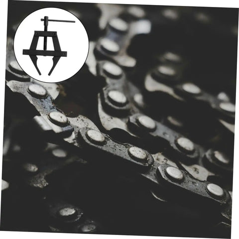 Close-up of Heavy Duty Motorcycle Chain Tensioner Chain Adjuster Tool on bike chain, showcasing durable steel construction.