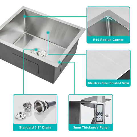Diagram of Undermount Kitchen Sink 20 By 16 Inch In 304 Stainless Steel, Single Bowl Bar Sink With Brushed Nickel Finish features