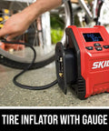 12V Digital Tire Inflator With Real Time Psi Gauge And Auto Shutoff, compact pump used to inflate a bicycle tire.