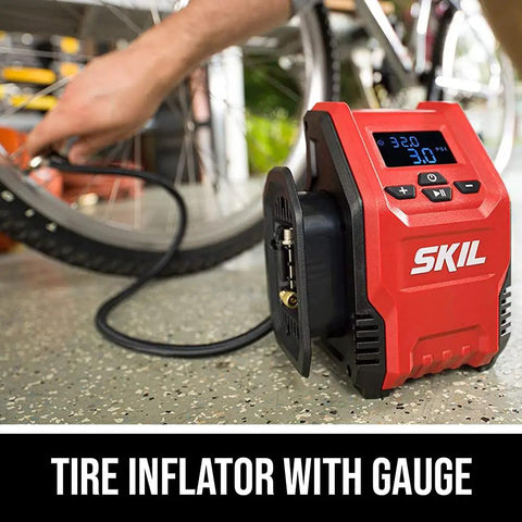 12V Digital Tire Inflator With Real Time Psi Gauge And Auto Shutoff, compact pump used to inflate a bicycle tire.