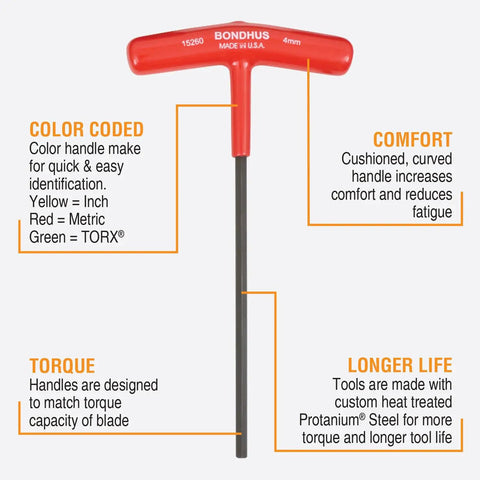 4.0mm Hex T Handle Driver 6 Inch Length Ergonomic Soft Grip Hex Key Set For Automotive Machinery And DIY Projects Durable Steel Tool With Precise Fit Great For Tight Spaces And Everyday Repairs, red handle with text details.