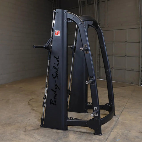 Pro Clubline Counter Balanced Smith Machine Featuring Heavy Duty Safety Stops Built Tough For Hardcore Home Gym Gainz And Commercial Powerlifting Rigs in black steel, side view.