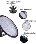 UFO LED High Bay Lights 6 Pack 300W 30000LM Waterproof Heavy Duty Industrial Bay Lighting 6500K Cool White with features displayed
