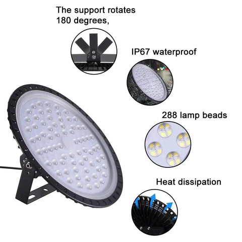 UFO LED High Bay Lights 6 Pack 300W 30000LM Waterproof Heavy Duty Industrial Bay Lighting 6500K Cool White with features displayed