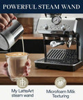 Killer Home Barista Setup Featuring Precision Conical Burr Grinder And Auto Milk Frother For Slick Bean To Cup Espresso and Creamy Cappuccinos Made Fresh Daily with latte art being poured.