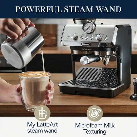 Killer Home Barista Setup Featuring Precision Conical Burr Grinder And Auto Milk Frother For Slick Bean To Cup Espresso and Creamy Cappuccinos Made Fresh Daily with latte art being poured.
