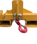 Industrial Grade 5 Ton Forklift Telescopic Bidirectional Jib Boom With Slick Two Way Pivot For Swallowing Steel Pipes And Killing Grunt Work On Tight Sites, featuring dual hooks and a red safety hook.