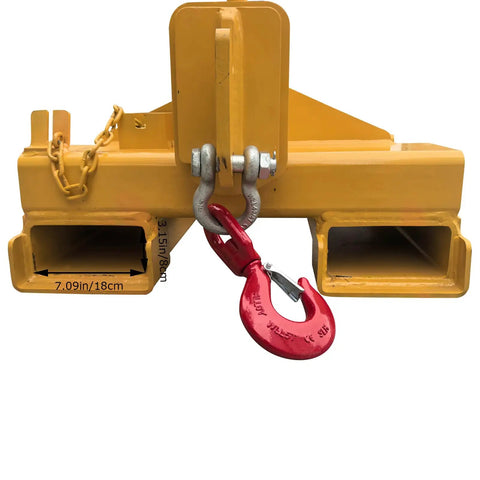 Industrial Grade 5 Ton Forklift Telescopic Bidirectional Jib Boom With Slick Two Way Pivot For Swallowing Steel Pipes And Killing Grunt Work On Tight Sites, featuring dual hooks and a red safety hook.