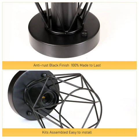 Close-up of base and hollow metal cage of 2-Pack Semi Flush Mount Ceiling Light Set In Industrial Black with dimmable E26 socket.