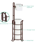 Must Have Bronze Standing Toilet Paper Holder And Dispenser With Mega Roll Capacity Free Standing Tissue Storage Shelf Holds 4 Rolls Plus 3 Spares And 1 Dispenser Vintage Steel Wire Design with inset detail of solid connection and raised feet.