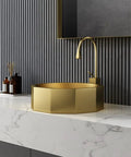Totally Durable Gold Geometric Table Mounted Vanity Sink Built From Rugged 304 Stainless Steel Single Bowl Bathroom Basin With Quick Drain No Mess Cleanup For Serious Home Upgrade Vibes on marble countertop