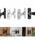 Premium Aluminum Sliding Barn Door Lock Featuring 90 Degree Flip Security Latch, black and silver options on display.