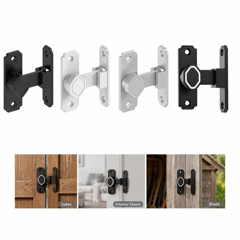 Premium Aluminum Sliding Barn Door Lock Featuring 90 Degree Flip Security Latch, black and silver options on display.
