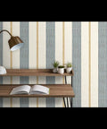 Custom Printed Leather Textured Vinyl Wallpaper Top Notch Heavy Duty Wallcovering in striped design over wooden desk.
