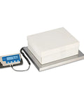 Heavy Duty 400 Pound Portable Shipping Scale With 12 X 15 Inch Platform displaying a white box on its stainless steel surface.