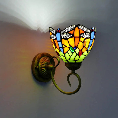 Dragonfly Stained Glass Tiffany Style Wall Light with LED E26 Bulb, warm white glow, sconce design for living room and stairwell