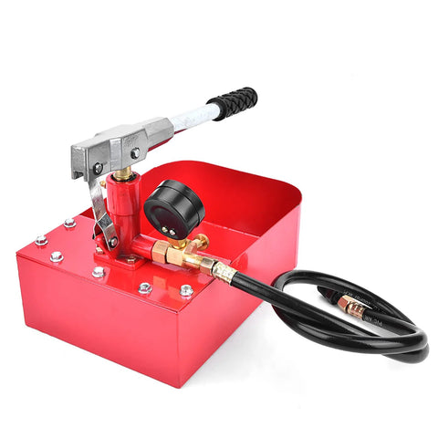 Front view of red manual hydraulic pressure test pump with lever, gauge, and attached hose for pipe testing