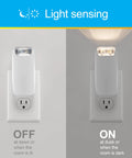 4-In-1 Power Outage Plug In Night Light And LED Flashlight, Dusk To Dawn Sensor, Battery Operated, 2 Pack, White shown on wall plug ON and OFF
