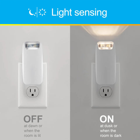 4-In-1 Power Outage Plug In Night Light And LED Flashlight, Dusk To Dawn Sensor, Battery Operated, 2 Pack, White shown on wall plug ON and OFF